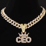 Iced Out Rhinestone Crown CEO Letter Pendant Necklace