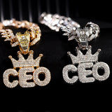 Iced Out Rhinestone Crown CEO Letter Pendant Necklace