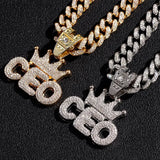 Iced Out Rhinestone Crown CEO Letter Pendant Necklace