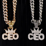 Iced Out Rhinestone Crown CEO Letter Pendant Necklace