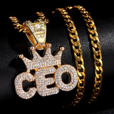 Iced Out Rhinestone Crown CEO Letter Pendant Necklace
