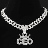 Iced Out Rhinestone Crown CEO Letter Pendant Necklace