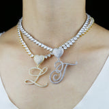 Iced Out Heart Clasp Cursive Letter Necklace Silver CZ Name Charm Choker