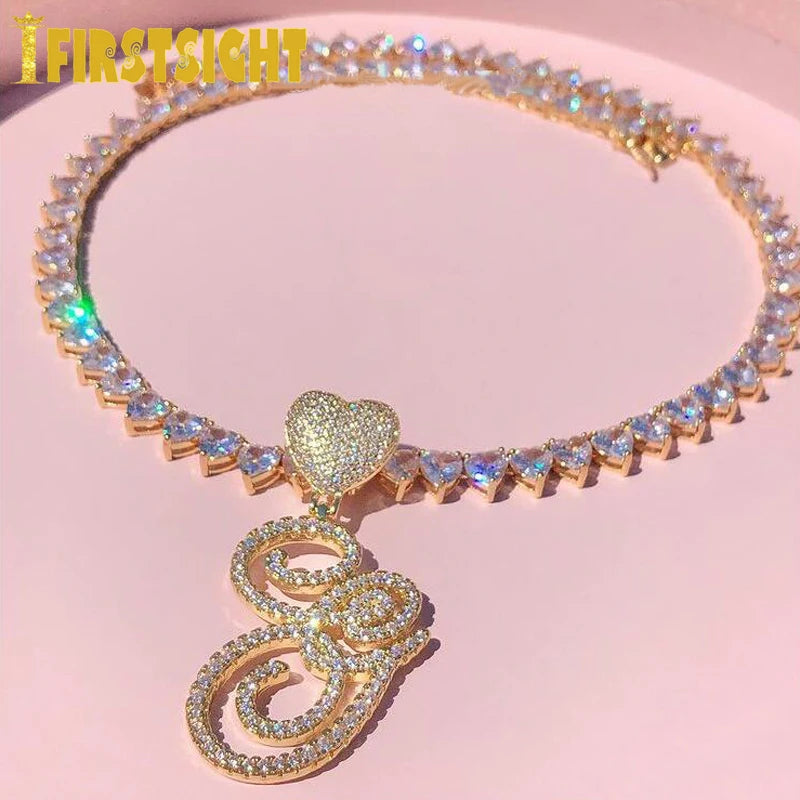 Iced Out Heart Clasp Cursive Letter Necklace Silver CZ Name Charm Choker