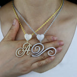 Iced Out Heart Clasp Cursive Letter Necklace Silver CZ Name Charm Choker