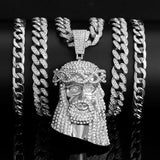 Rhinestone Jesus Head Pendant Necklace with Miami Cuban Chain