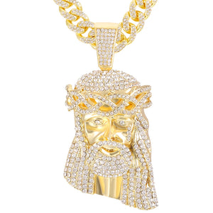Rhinestone Jesus Head Pendant Necklace with Miami Cuban Chain