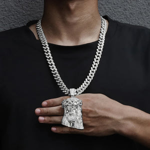 Rhinestone Jesus Head Pendant Necklace with Miami Cuban Chain
