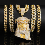 Rhinestone Jesus Head Pendant Necklace with Miami Cuban Chain