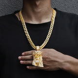 Rhinestone Jesus Head Pendant Necklace with Miami Cuban Chain