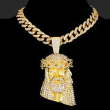 Rhinestone Jesus Head Pendant Necklace with Miami Cuban Chain