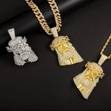 Rhinestone Jesus Head Pendant Necklace with Miami Cuban Chain