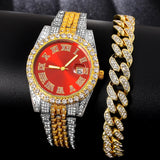 Iced Out Rhinestone Necklace+Bracelet+Watch Set Men Hip Hop Cuban Chain
