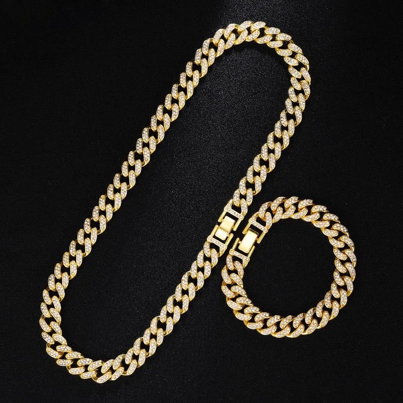 Iced Out Rhinestone Necklace+Bracelet+Watch Set Men Hip Hop Cuban Chain
