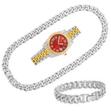 Iced Out Rhinestone Necklace+Bracelet+Watch Set Men Hip Hop Cuban Chain