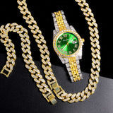 Iced Out Rhinestone Necklace+Bracelet+Watch Set Men Hip Hop Cuban Chain