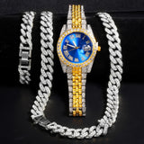 Iced Out Rhinestone Necklace+Bracelet+Watch Set Men Hip Hop Cuban Chain