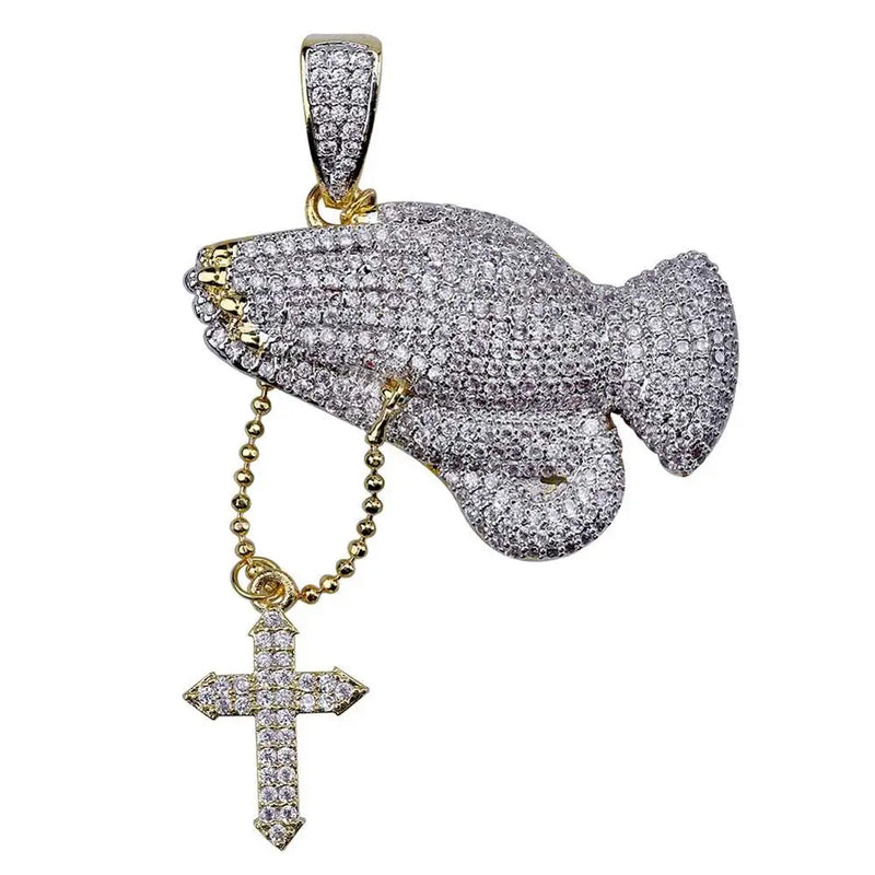 Praying Hand Pendant Necklace With Cross Iced Out Hip Hop Charm Jewelry Chain