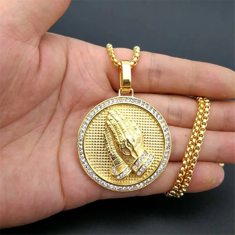 Iced Out Praying Hands Necklace With Stainless Steel Chain