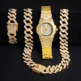 Iced Out Watch Men Cuban Necklace Men Watches Quartz Men's Silver