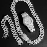 Iced Out Watch Men Cuban Necklace Men Watches Quartz Men's Silver