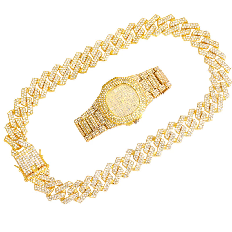Iced Out Watch Men Cuban Necklace Men Watches Quartz Men's Silver