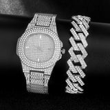 Iced Out Watch Men Cuban Necklace Men Watches Quartz Men's Silver