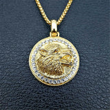 Iced Out Wolf Head Necklace Stainless Steel Rhinestones Hip Hop Bling Jewelry