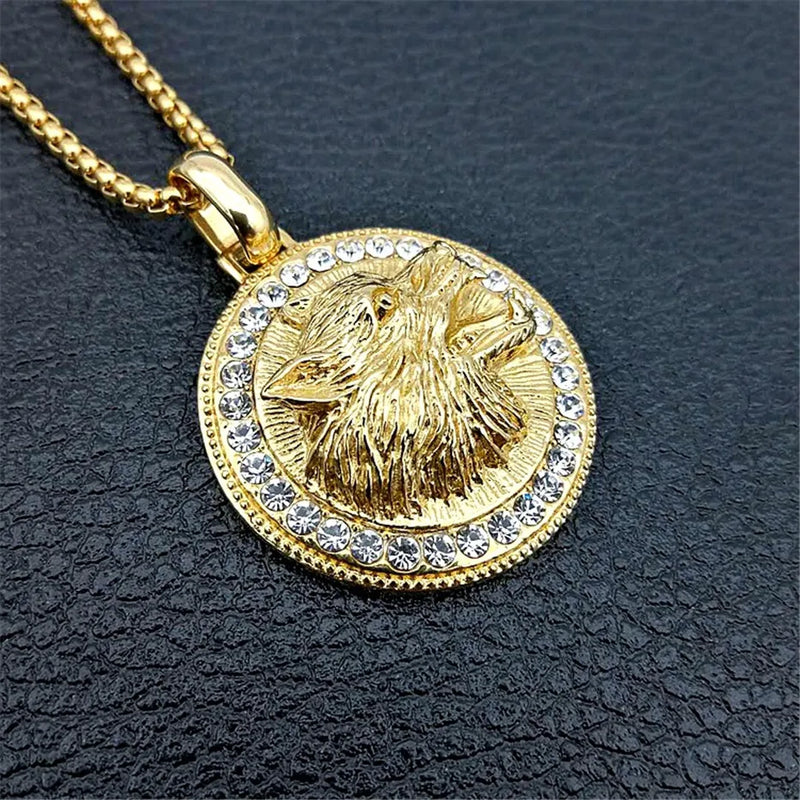 Iced Out Wolf Head Necklace Stainless Steel Rhinestones Hip Hop Bling Jewelry