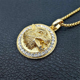 Iced Out Wolf Head Necklace Stainless Steel Rhinestones Hip Hop Bling Jewelry