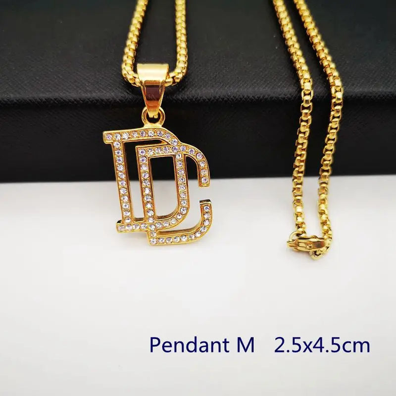 DC Rhinestone Letters Pendant Necklace Stainless Steel Hip Hop Rock DC Necklace