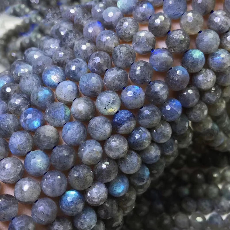 15in Natural Labradorite 6-8mm Faceted Round Beads S925 Jewelry Making