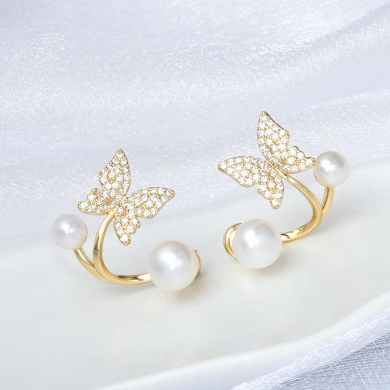 Freshwater Pearl Butterfly Stud Earrings 14kgp S925