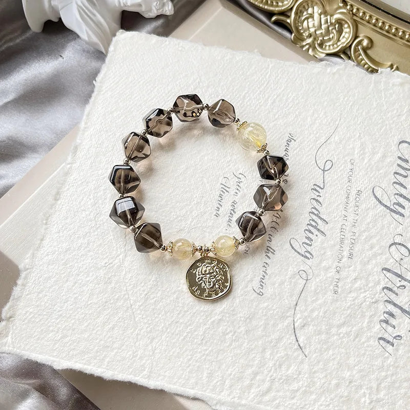 Smoky Quartz and Rutilated Quartz Bead Bracelet