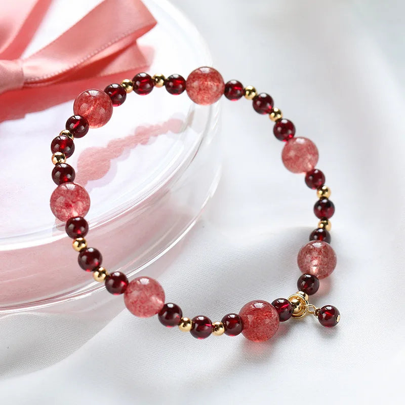 Garnet Strawberry Quartz Bead Bracelet 4.5mm 9mm 14kgp