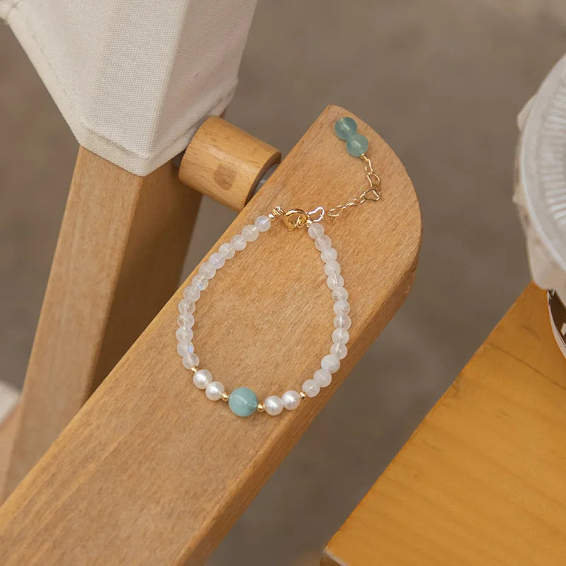 Moonstone and Aquamarine Bead Bracelet 14kgp