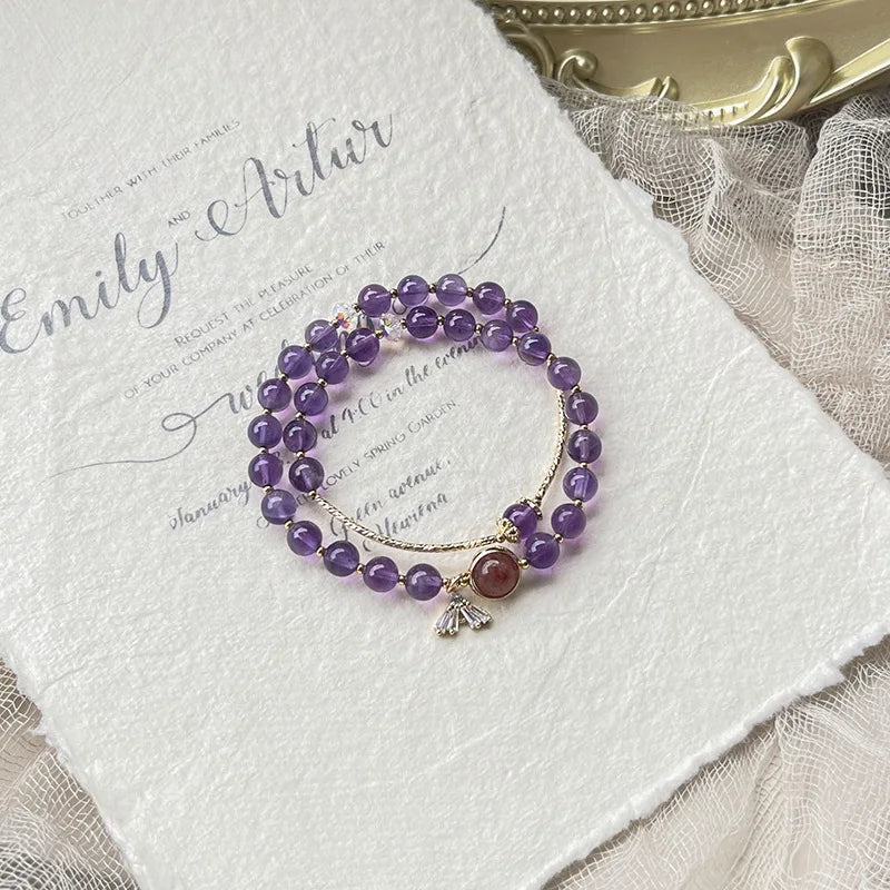 6mm Amethyst 8mm Strawberry Quartz 14KGP Bracelet