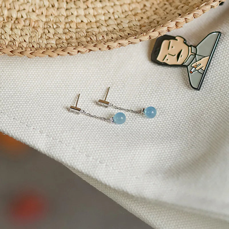 Aquamarine Bead Stud Earrings S925