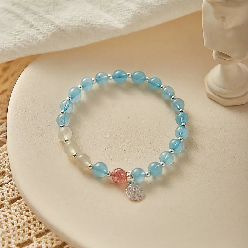 6mm Aquamarine Moonstone Strawberry Quartz Beads S925 Bracelet