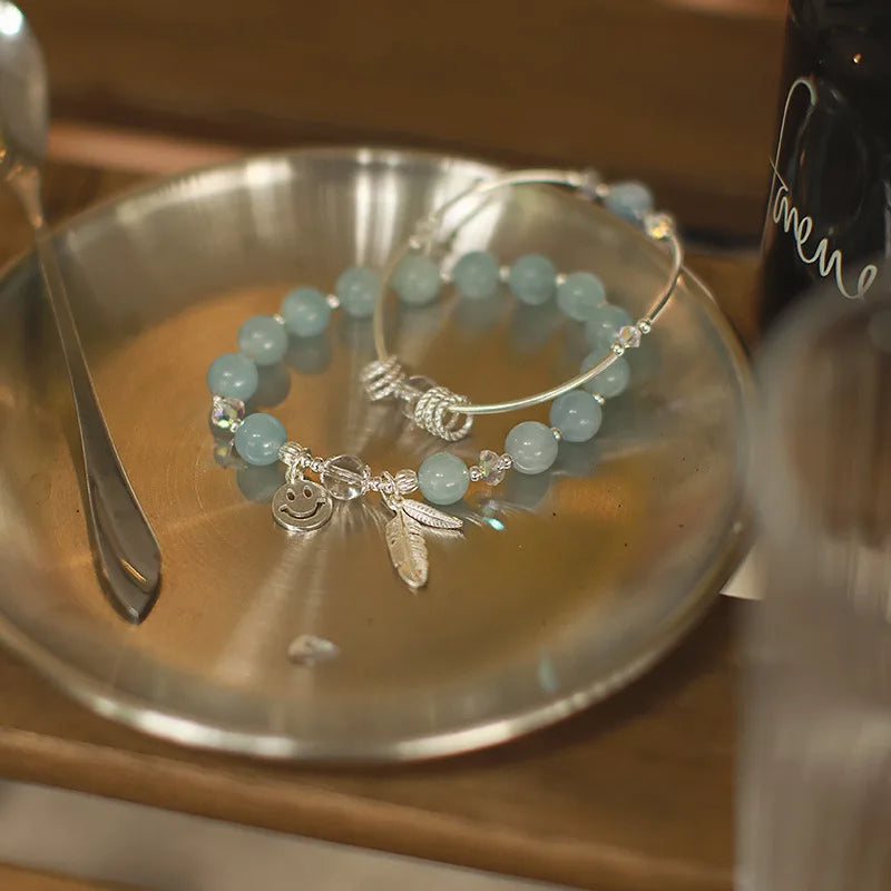 Aquamarine Bead Bracelet 7.5-8mm S925
