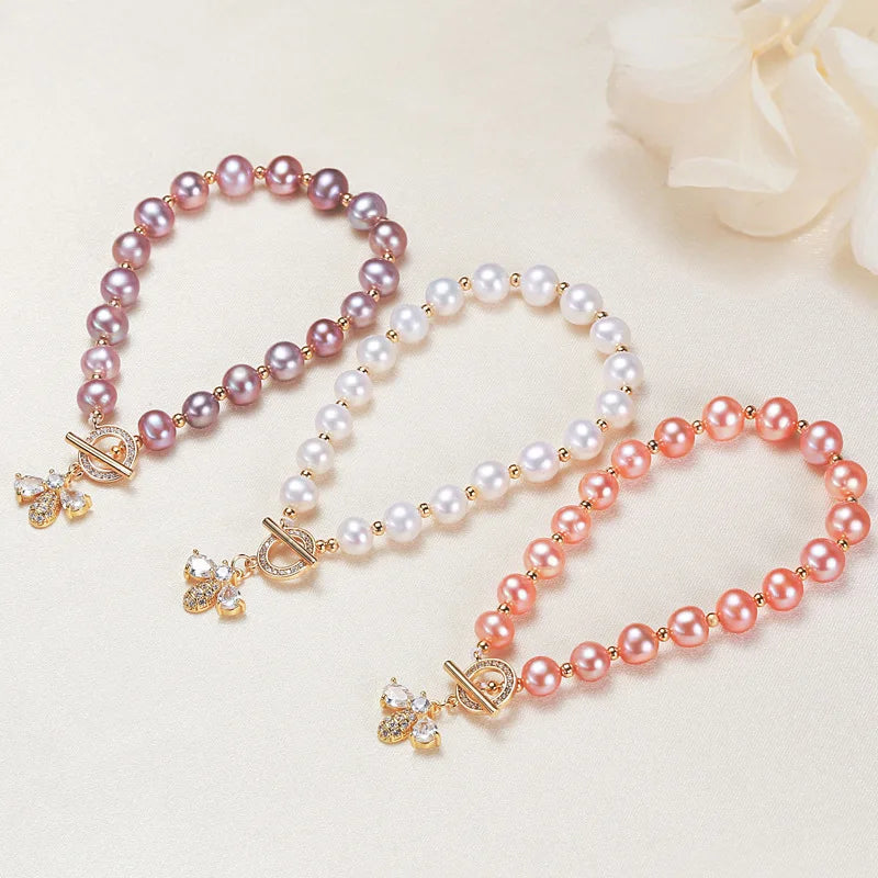 7-8mm Purple Pink Freshwater Pearl Bracelet 18kgp