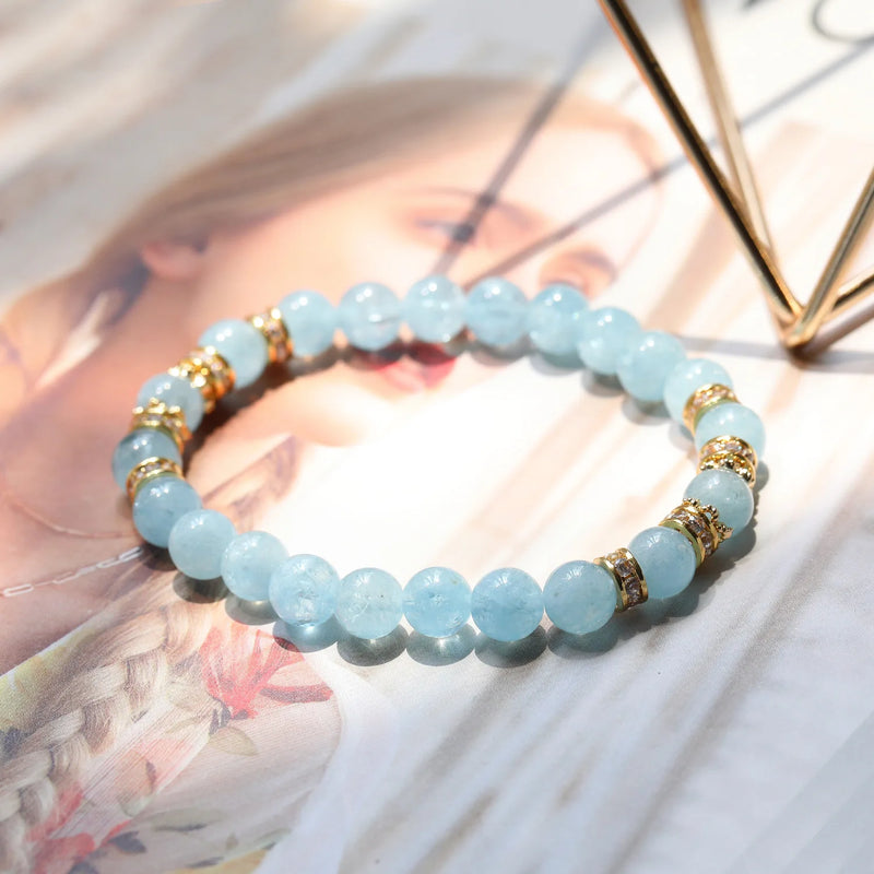 7mm Aquamarine Beads 14kgp Bracelet