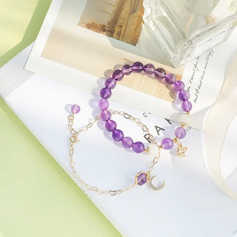 8-8.5mm Amethyst Moonstone Round Beads Bracelet