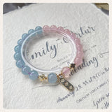 8-8.5mm Aquamarine Pink Quartz Beads Bracelet 14kgp