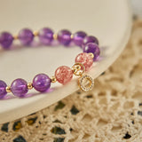 8mm Amethyst Strawberry Quartz 7.5mm Gray Moonstone Bracelet