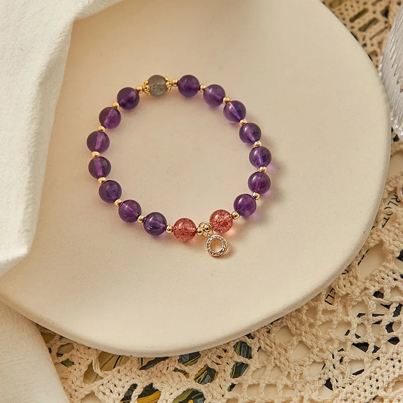 8mm Amethyst Strawberry Quartz 7.5mm Gray Moonstone Bracelet