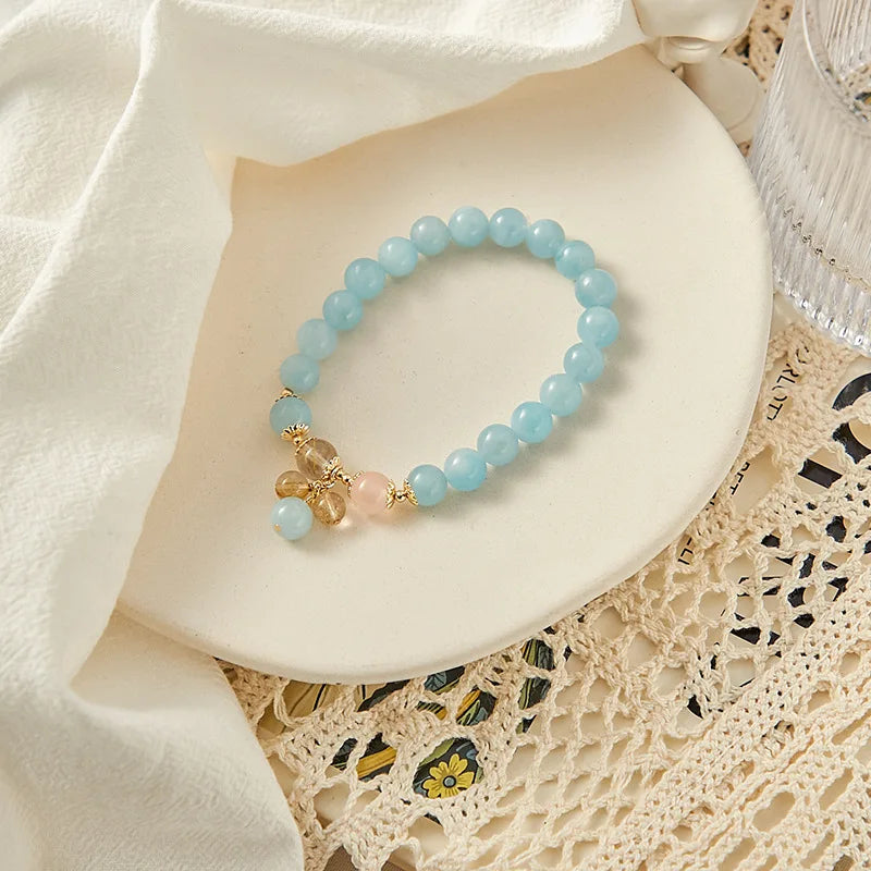 8mm Aquamarine Pink Quartz 6-8mm Rutilated Quartz Bracelet