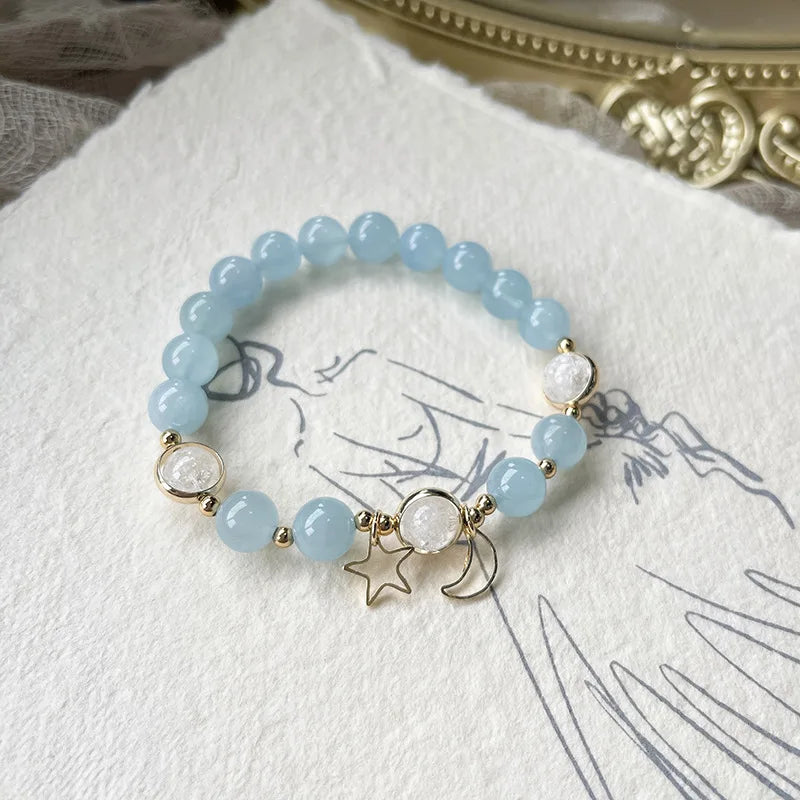 Aquamarine Quartz 8mm Round Bead Bracelet 14kgp