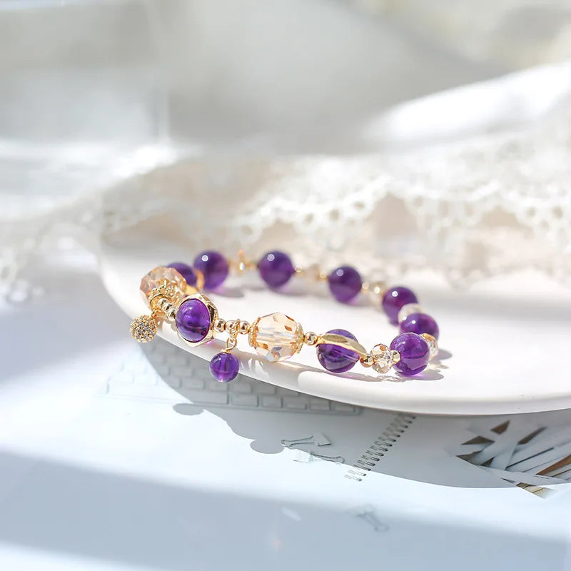 8mm Amethyst & 10mm Crystal Bead Bracelet, 14kgp