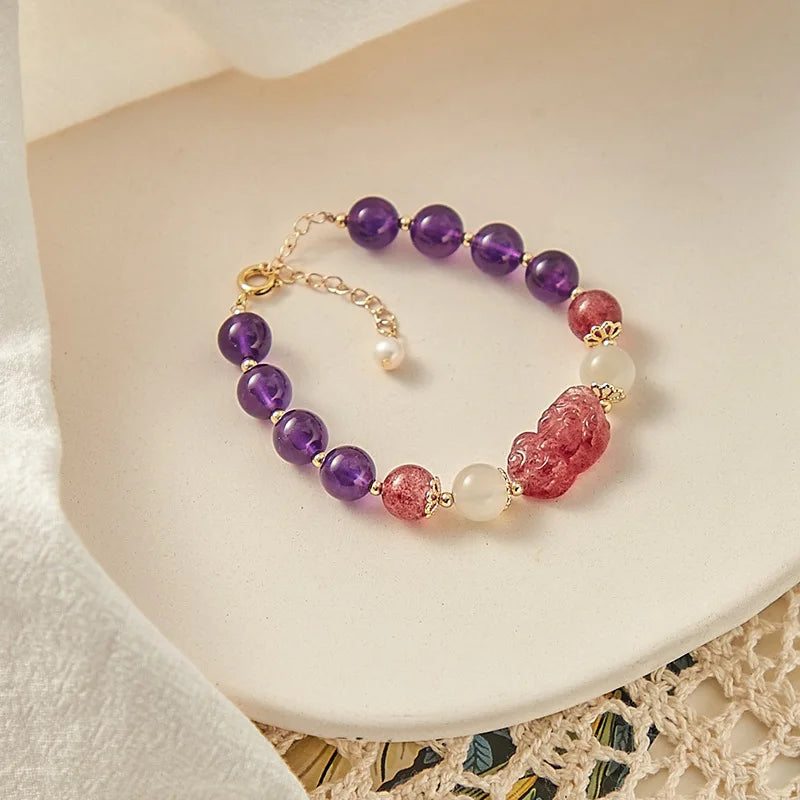Natural 8mm Amethyst Strawberry Quartz Moonstone Bracelet